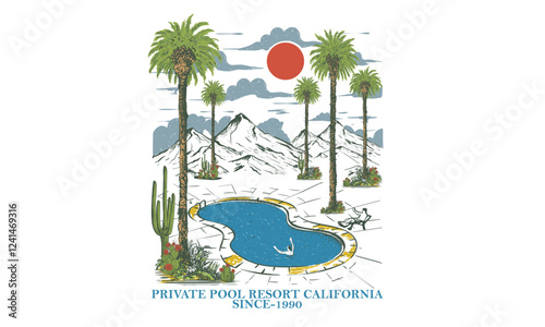 Palm springs watercolor graphic print design for t shirt print, poster, background and other uses. Palm tree with swimming pool colorful retro print artwork. Adventure at the mountain graphic artwork.
