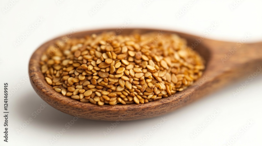 Close-Up of Golden Sesame Seeds Poured in Wooden Spoon on White Background Close-Up of Golden Sesame Seeds Poured in Wooden Spoon on White Background