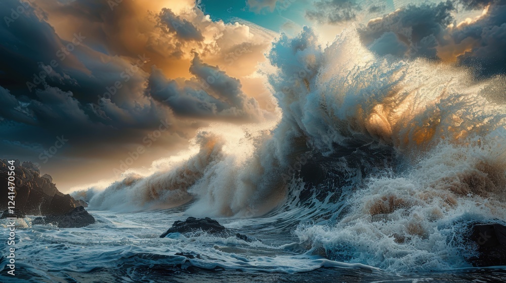 Fototapeta premium Majestic Ocean Wave Crashes Dramatically Against Rocky Shoreline at Sunset