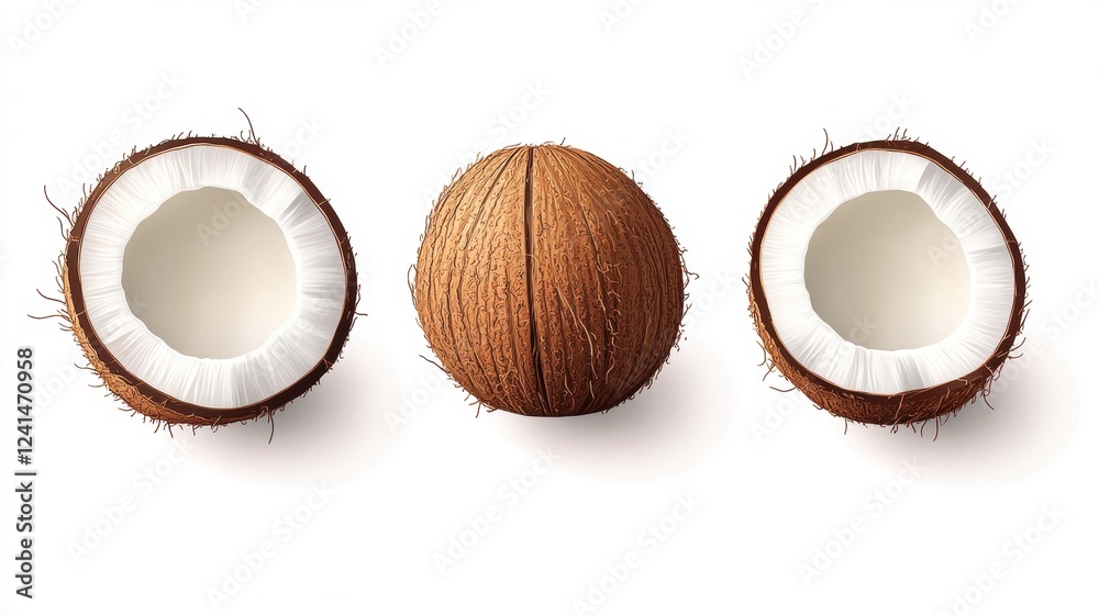 Fresh Whole Coconut and Coconut Halves on White Background Fresh Whole Coconut and Coconut Halves on White Background