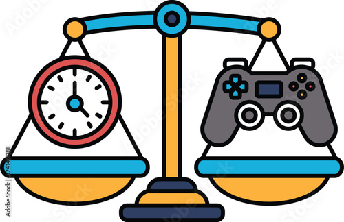 A scale with a clock on one side and a video game controller on the other