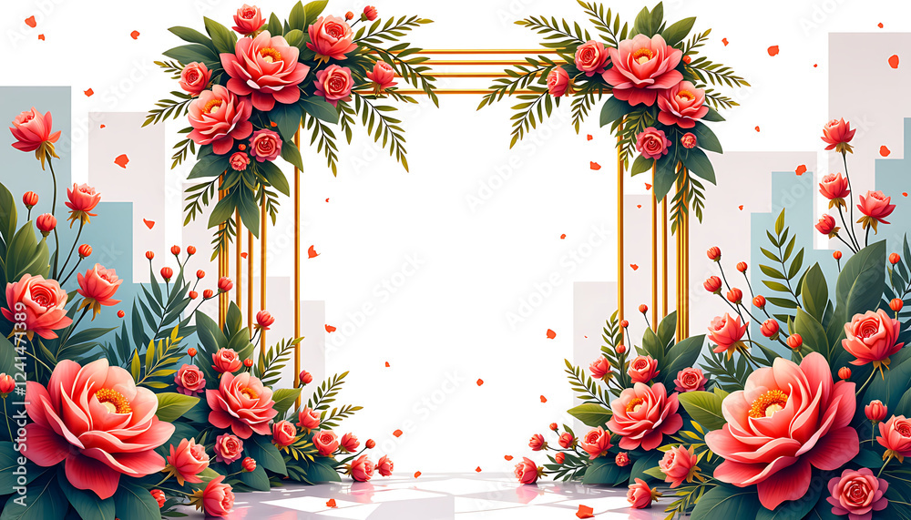 Obraz premium Floral arrangement with pink roses and greenery on white background