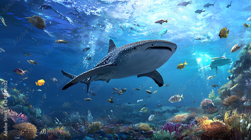 Fototapeta premium Giant Shark Powerfully Navigating the Ocean Depths