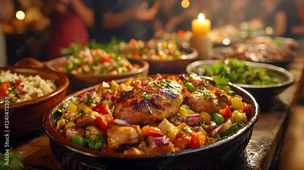 Delicious spread of diverse dishes at a lively dinner gathering. Generative AI Delicious spread of diverse dishes at a lively dinner gathering. Generative AI
