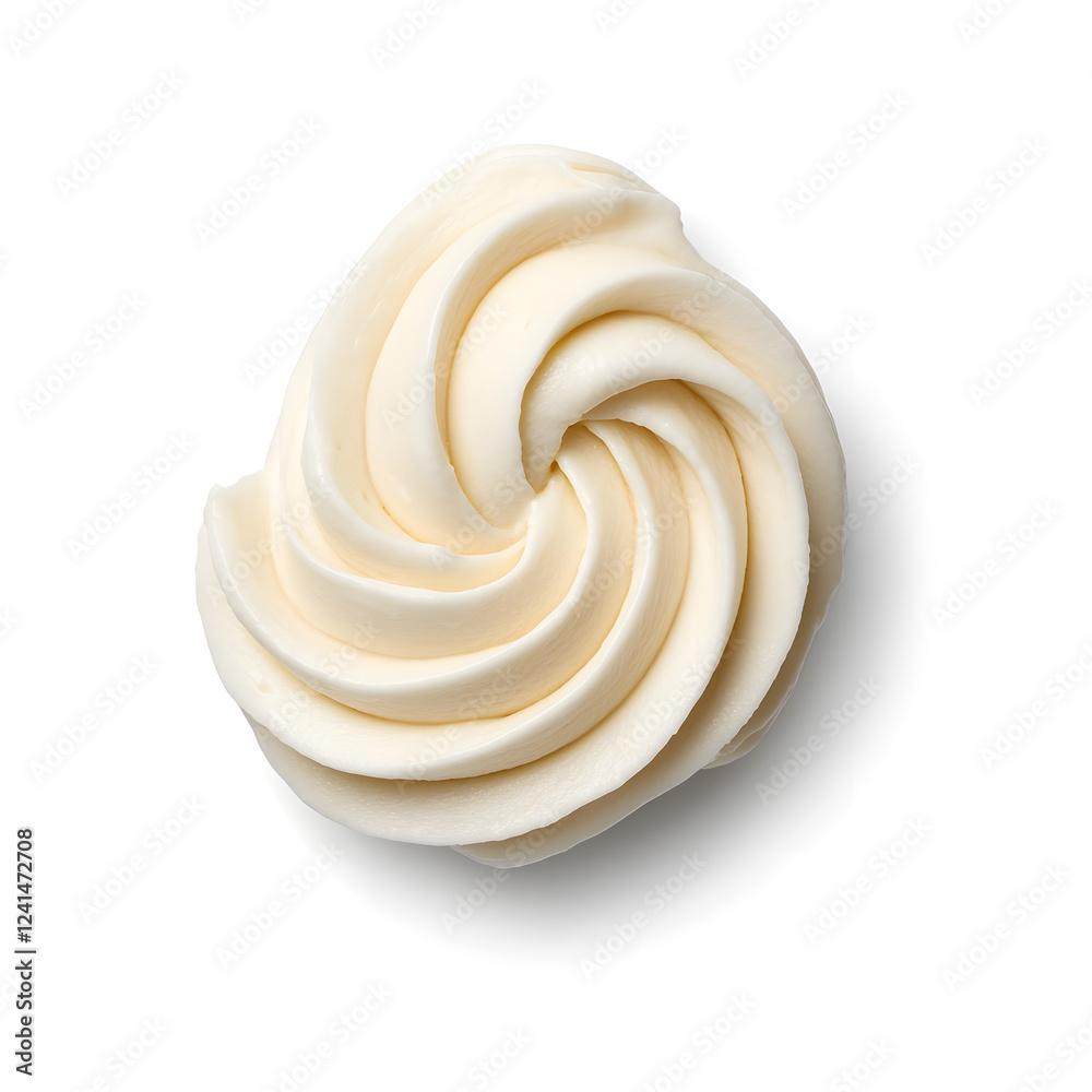 Mayonnaise swirl, whipped cream texture, top view, isolated on white background closeup
Mayonnaise swirl, whipped cream texture, top view, isolated on white background closeup