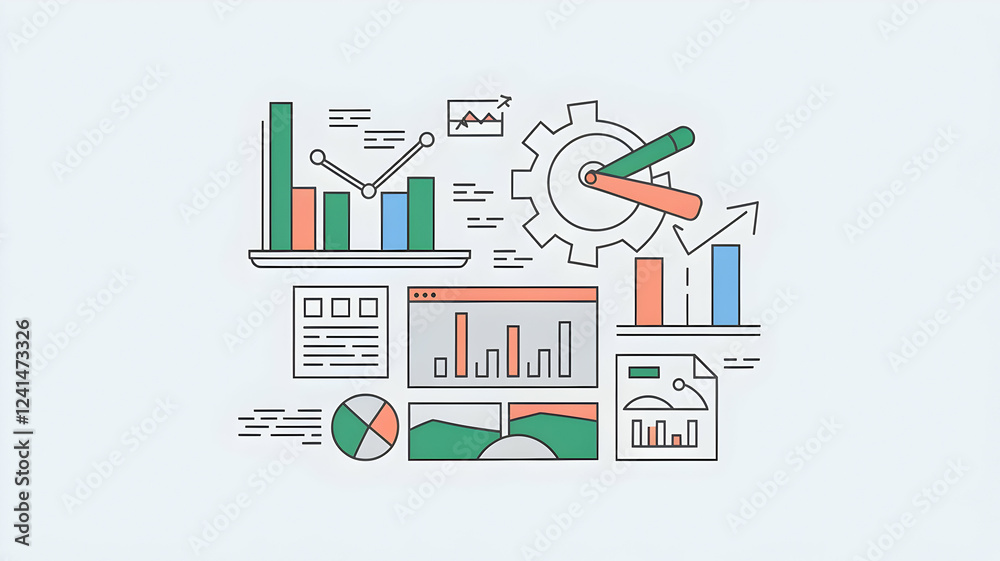 Obraz premium Data analytics icon set. Statistical science data information. Containing financial profit graph, database, statistics, chart, presentation, performance. Review results documents. Vector illustration