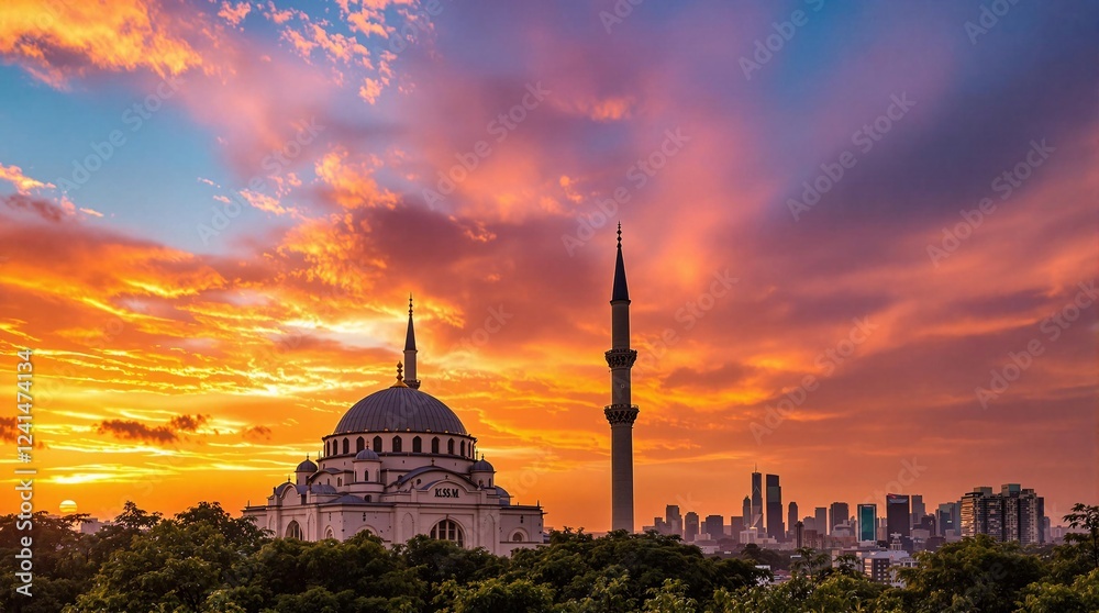 Obraz premium Majestic Mosque at Sunset with Grand Dome and Minarets Silhouetted Against Vibrant Sky, Framed by Lush Greenery and a Modern City Skyline in the Background