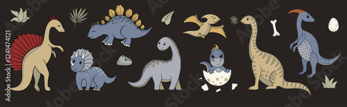 Jurassic period dinosaurs set. Cartoon ancient reptiles