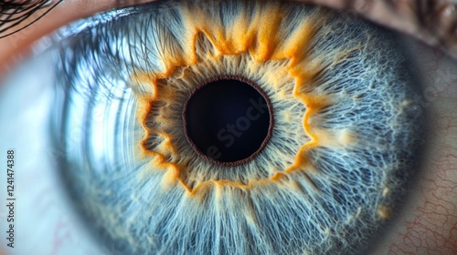Close-up eye macro shot, blue iris detail, light reflection, medical/ophthalmic use