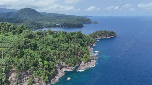 Sao Tome and Principe - Aerial View Near Micondo. Stunning Tropical Coastline With Lush Green Hills and Deep Blue Ocean.