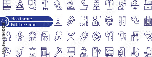 Healthcare set of web icons in line style. Medicine and Health Care linear icon collection. Containing emergency, doctor, treatment, medical, report, diagnosis, health, prevention. and more