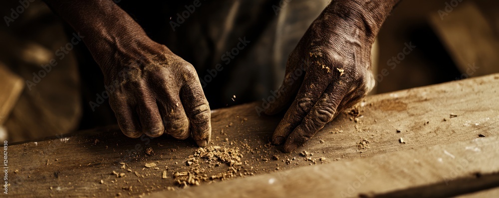Hands shaping wood in workshop, sawdust background, craft project Hands shaping wood in workshop, sawdust background, craft project
