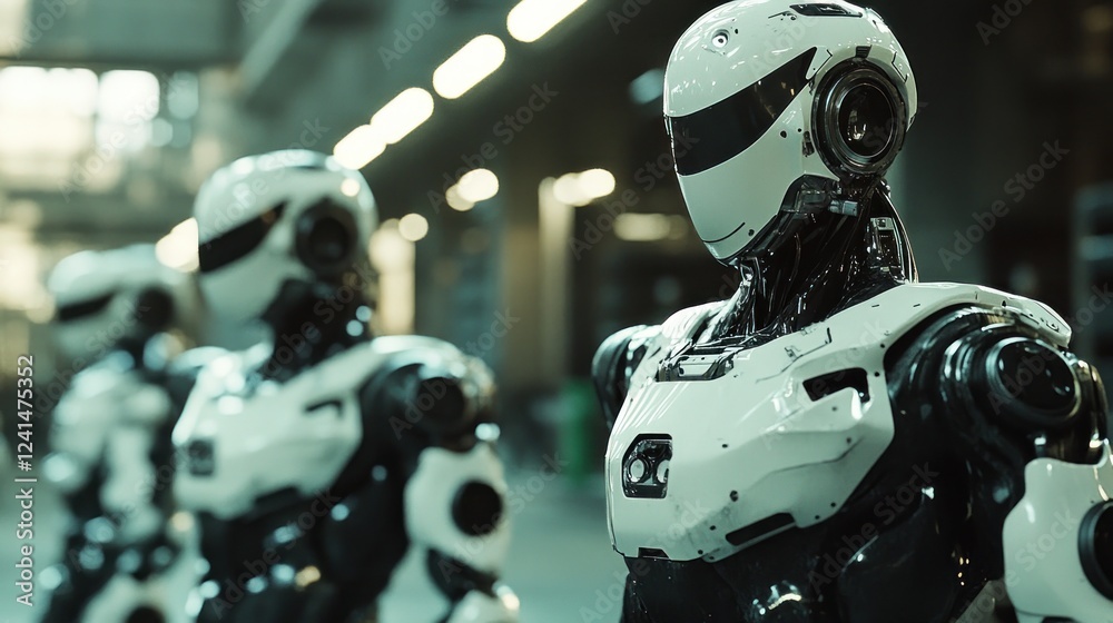 Robots standing factory hallway future tech industrial automation