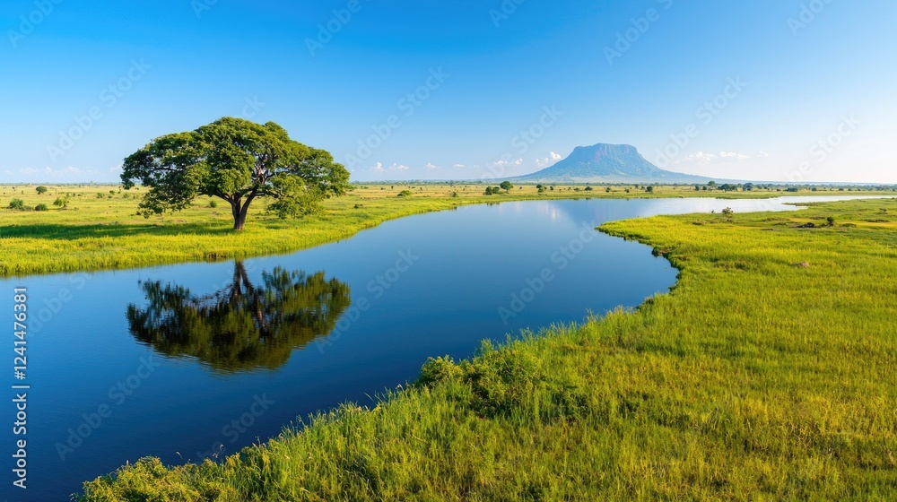 Serene African savanna landscape tree, river, mountain Serene African savanna landscape tree, river, mountain