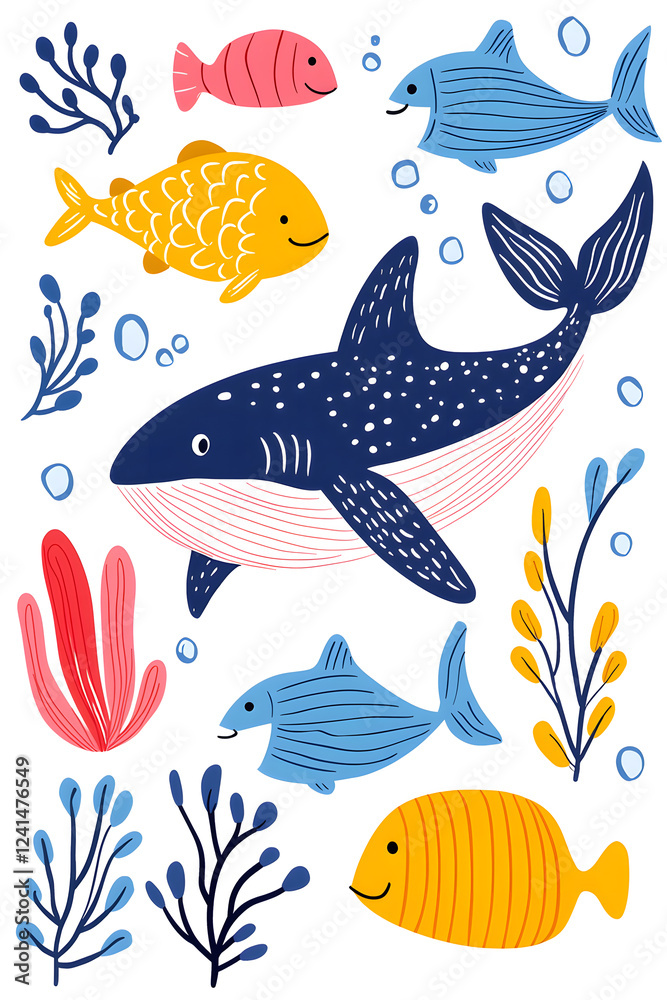 Naklejka premium Blue whale swimming in sea or ocean. Giant underwater animal.