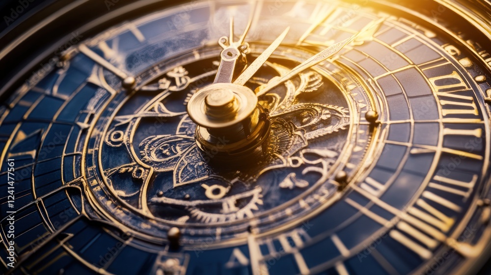 Close-up antique clock, ornate detail, golden hands, sunlit background, time concept Close-up antique clock, ornate detail, golden hands, sunlit background, time concept