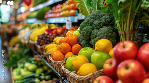 Fototapeta Naklejka Na Ścianę i Meble -  Fresh fruits and vegetables in shopping cart or trolly with aisle and label products on shelves at supermarket or grocery store in mall.