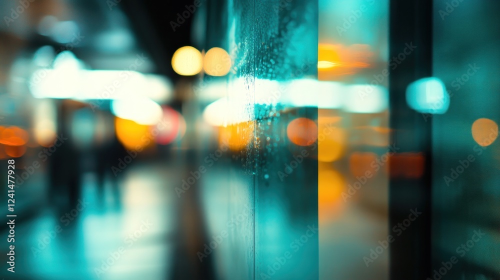 Fototapeta premium Night city reflection, glass wall, blurred pedestrians, urban background, advertisement