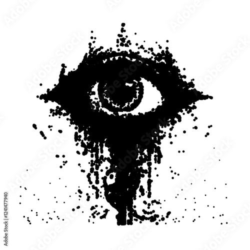 Abstract eye design with ink splatter effects and organic shapes.