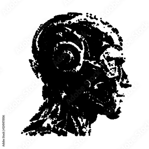 Abstract portrait in dark ink with textured details.