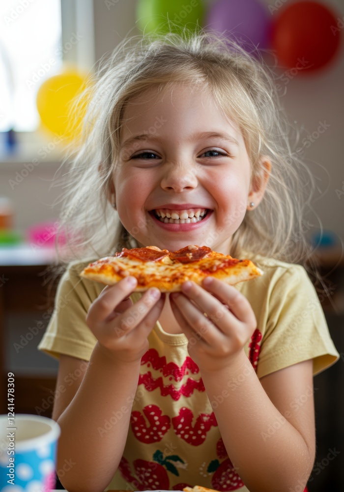 Happy Girl Enjoying Pizza at Birthday Party Happy Girl Enjoying Pizza at Birthday Party