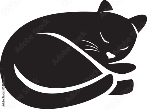 A peaceful, stylized cat curled up in a relaxed sleeping position, showcasing smooth, flowing lines and a minimalist design. Ideal for projects conveying comfort, relaxation, or tranquility.