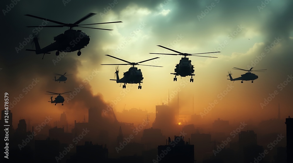 War-Torn City in Flames – Helicopters Over a Burning Battlefield, warzone, urban warfare, city on fire, military helicopters, battlefield destruction, war photography, explosions, conflict zone. War-Torn City in Flames – Helicopters Over a Burning Battlefield, warzone, urban warfare, city on fire, military helicopters, battlefield destruction, war photography, explosions, conflict zone.