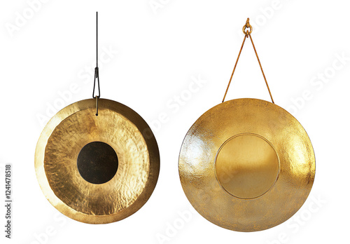 Shiny Brass Gong Hanging Isolated on a Transparent Background