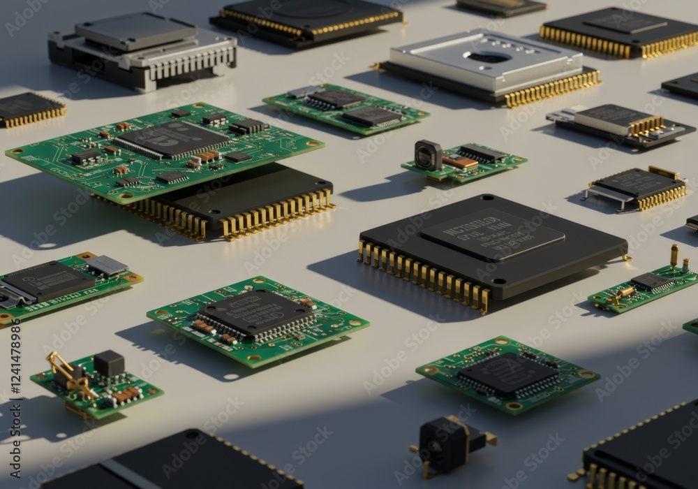 Obraz premium Various Microchips and Electronic Components Close Up