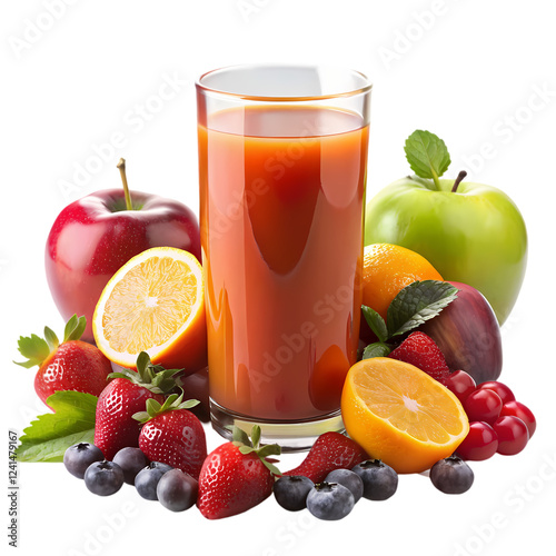 Delicious mixed fruit juice with strawberries apples oranges and berries on transparent background