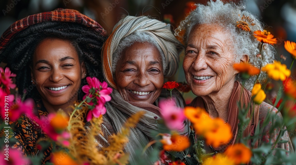 Multigenerational Women Laughing and Bonding While Holding Flowers in a Heartwarming Women's Day Celebration Multigenerational Women Laughing and Bonding While Holding Flowers in a Heartwarming Women's Day Celebration