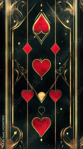 A glamorous Art Deco vertical layout, integrating metallic spades, hearts, and dice with ruby red and gold accents. photo