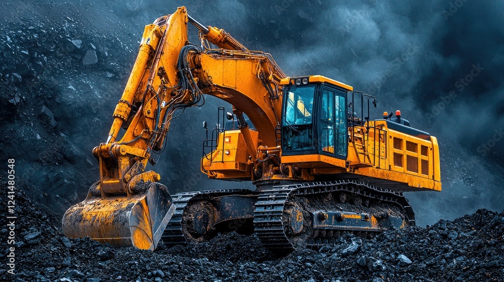 Large Yellow Excavator Mining Coal in a Pit Large Yellow Excavator Mining Coal in a Pit