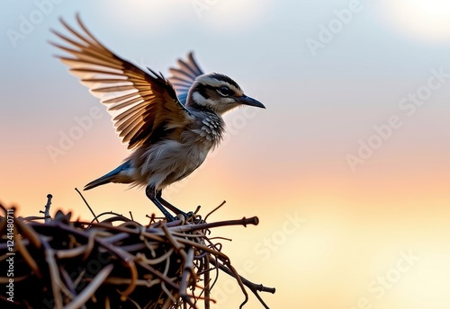 A baby bird perched on the edge of its nest, ready to take its first flight, symbolizing hope, new beginnings, and courage.