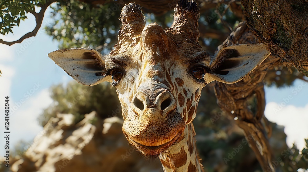 Naklejka premium Close-up of a giraffe's head, showcasing its friendly expression.
