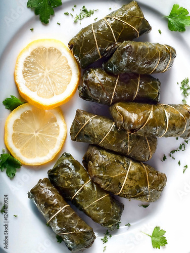 Dolmas, yaprak sarma - classic appetizer or meze. Grape leaves stuffed with rice and fresh herbs.	 photo