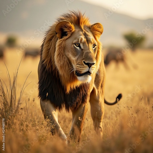 Lion walking through savanna.