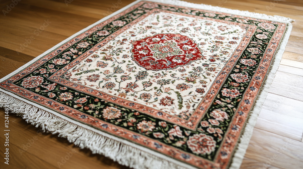 Intricate handmade Persian rug displaying floral patterns in vibrant colors on a polished wooden floor in a well-lit room Intricate handmade Persian rug displaying floral patterns in vibrant colors on a polished wooden floor in a well-lit room