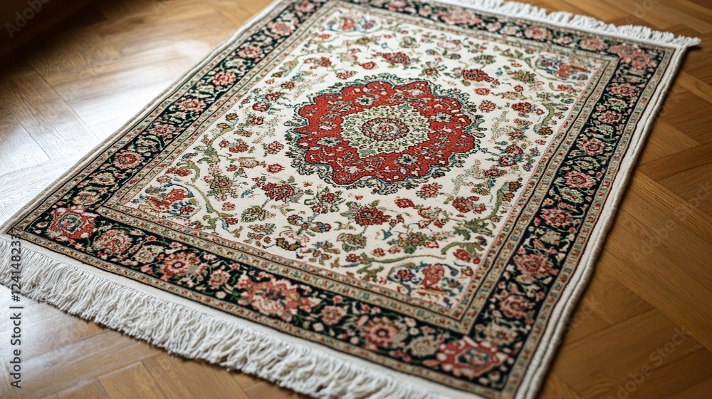 Intricate handmade Persian rug displaying floral patterns in vibrant colors on a polished wooden floor in a well-lit room Intricate handmade Persian rug displaying floral patterns in vibrant colors on a polished wooden floor in a well-lit room