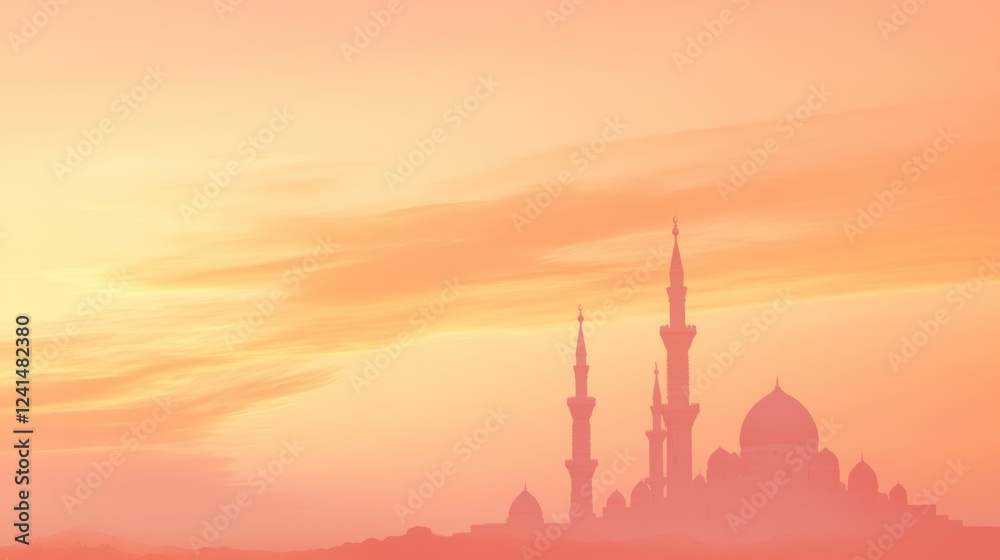 Obraz premium Silhouette of a Grand Mosque at Sunset with Majestic Minarets Against a Vibrant Orange Sky