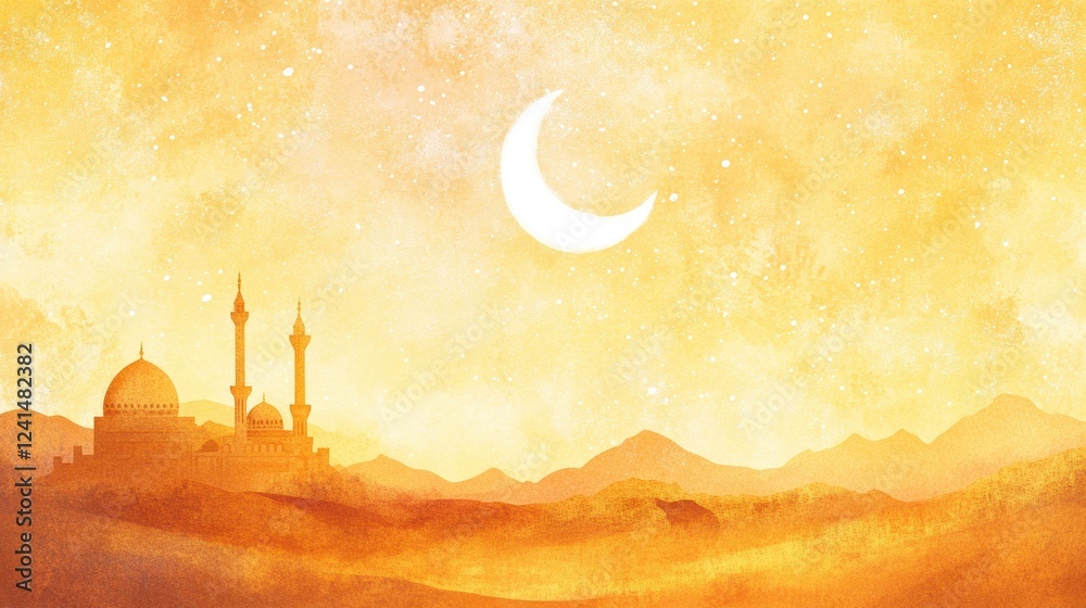 Obraz premium Golden Desert Landscape with Crescent Moon and Distant Mosque at Sunset