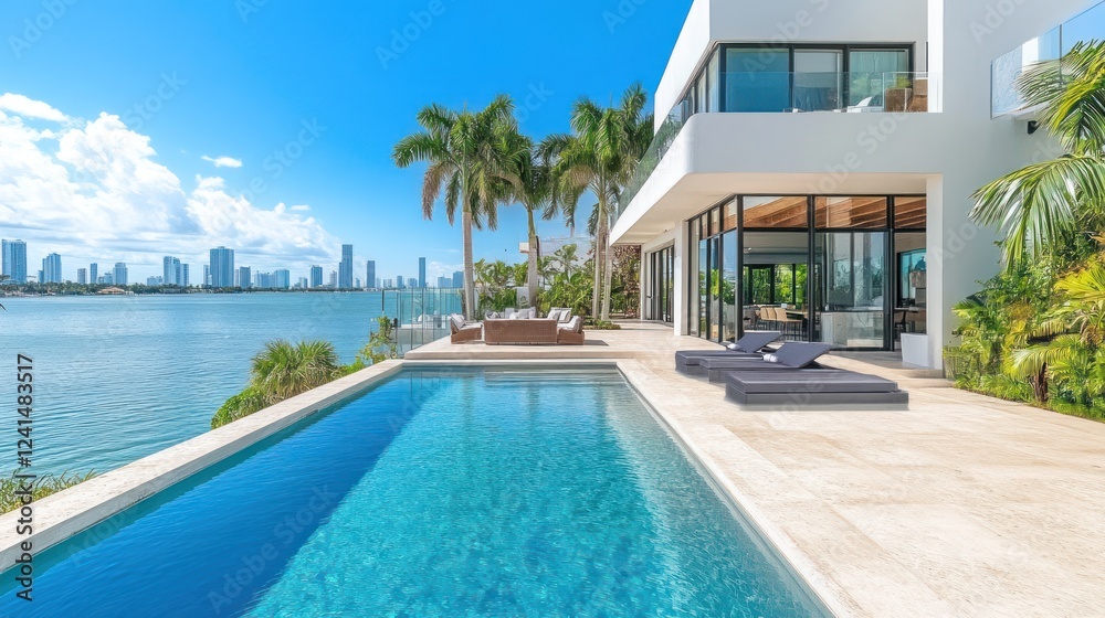 Naklejka premium Waterfront mansion pool, Miami skyline view