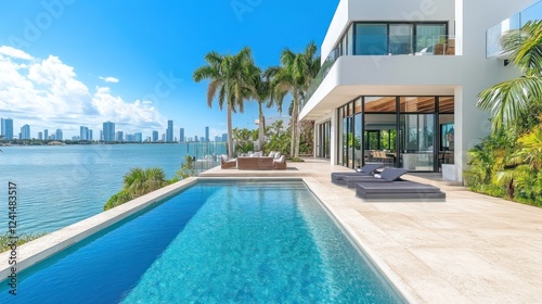 Waterfront mansion pool, Miami skyline view