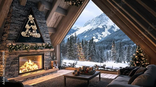 Cozy mountainside cabin with fireplace and winter scenery during the holiday season