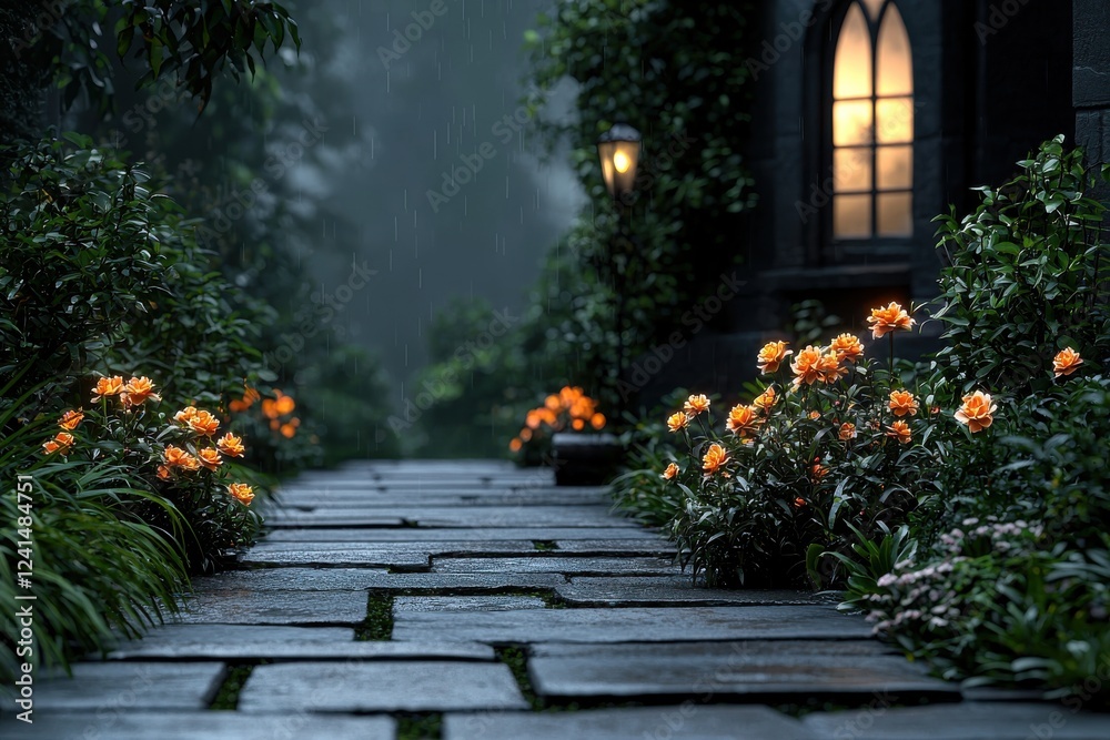 Fototapeta premium Mystical backyard evening serene atmosphere and glowing blooms
