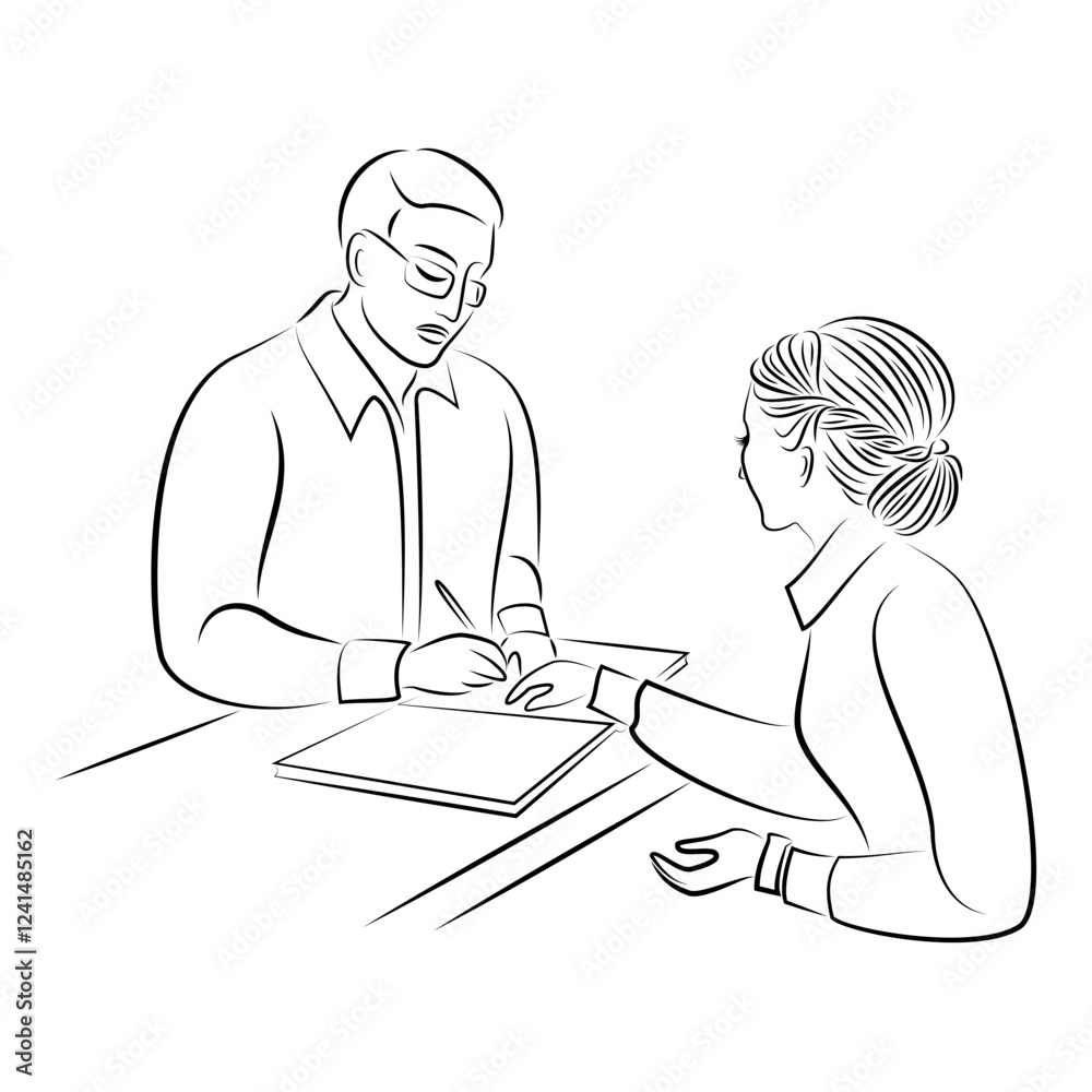 Girl helps man to write in a journal, leave a signature. Registration. Woman secretary, office worker. Vector illustration. Girl helps man to write in a journal, leave a signature. Registration. Woman secretary, office worker. Vector illustration.