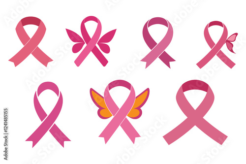 Pink ribbon with butterfly with solid color icon vector.