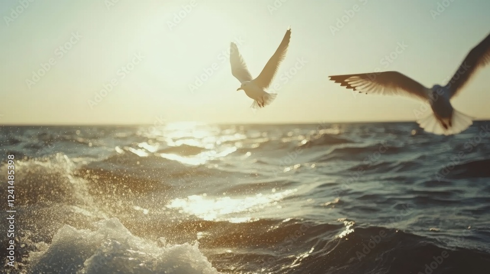 Fototapeta premium Birds Flying Over Ocean Waves During Golden Hour at Sunset