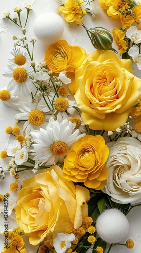 Beautiful yellow roses, snow balls and Gerber flowers on white background. flat lay top view.