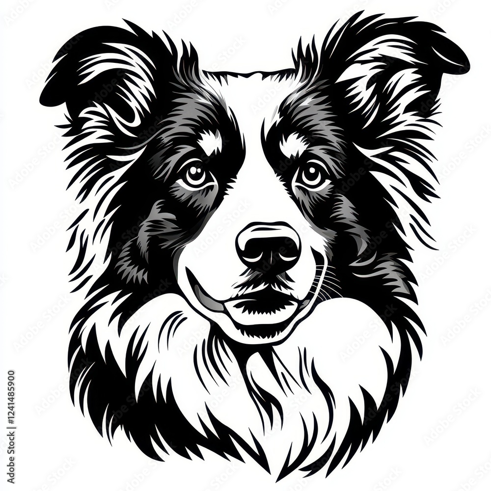 Fototapeta premium Happy Border Collie Dog Portrait Black and White Illustration Artistic Design